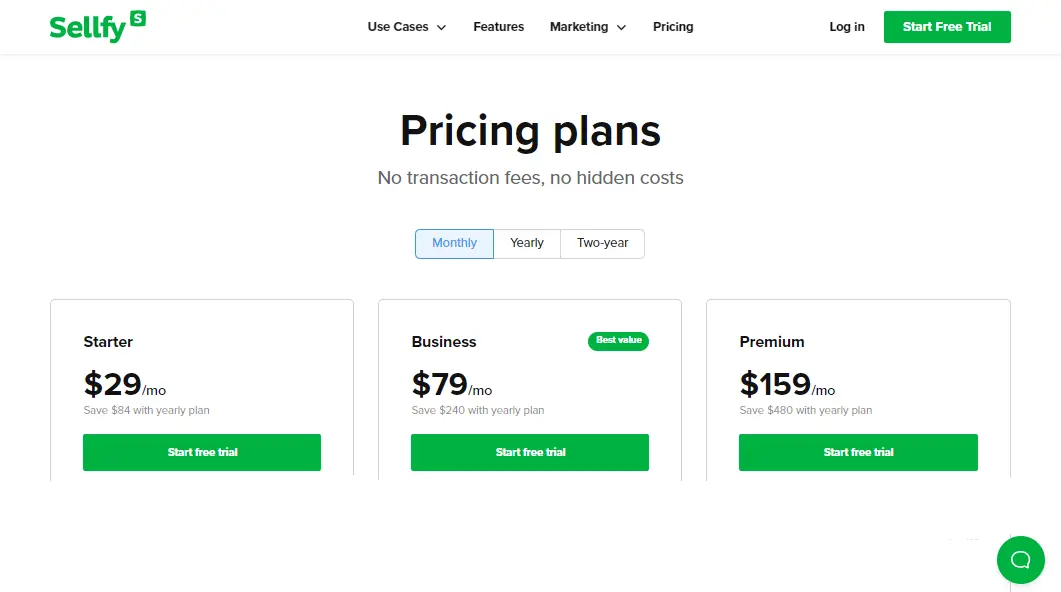 Sellfy pricing page